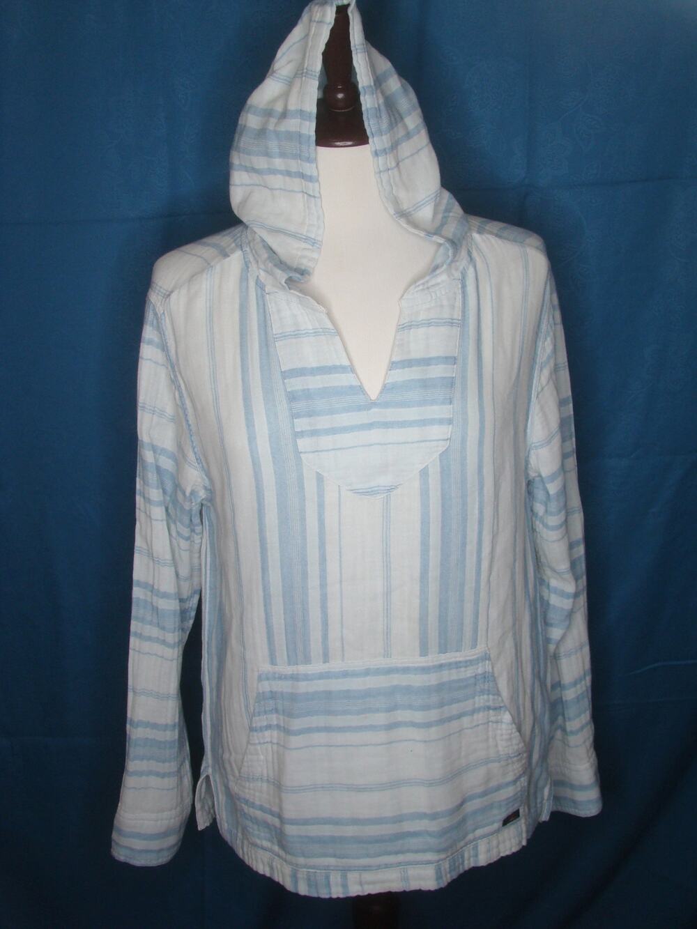 Faherty Mens S Blue White Hoodie Pullover Kangaroo Pocket Beachy Coastal
